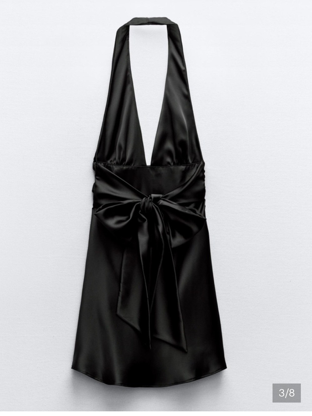 Zara Black Satin Deep V Halter Dress with Waist Bow